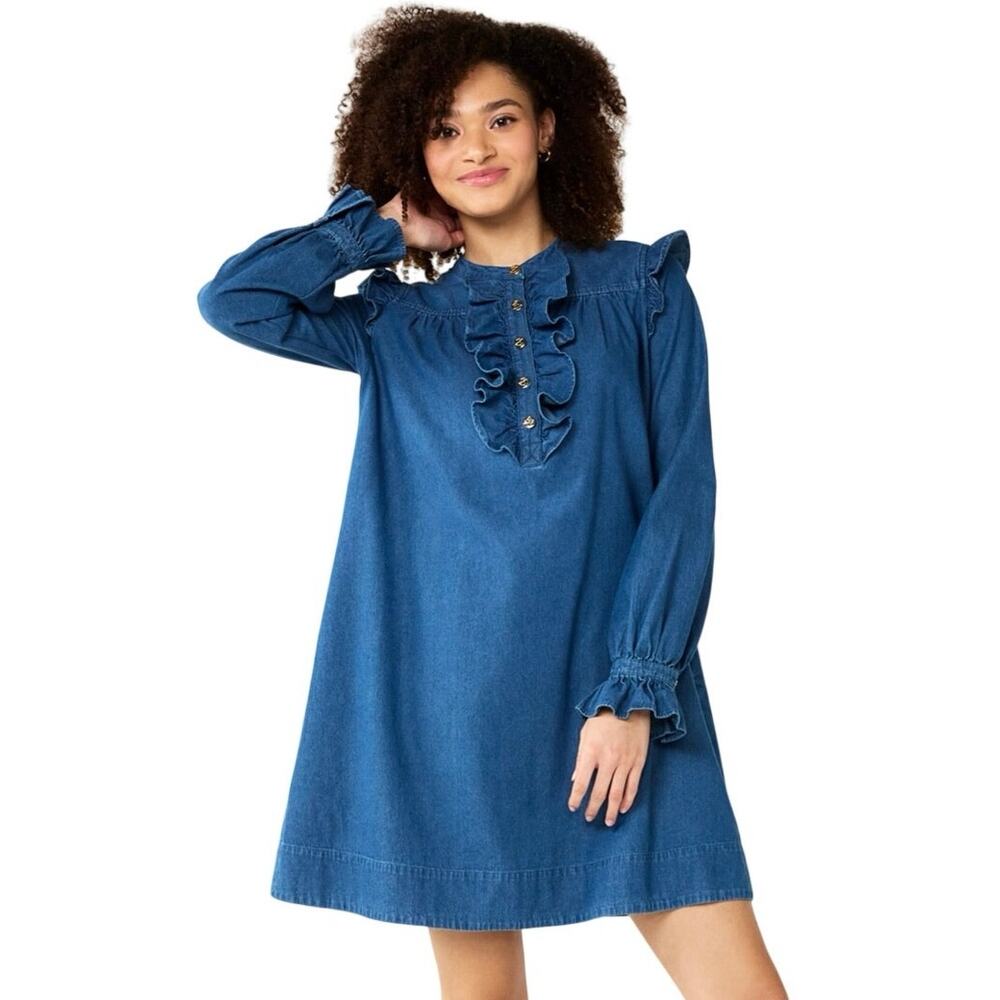Draper James Reserve Denim Ruffle Bib Dress XS NWT Gold Buttons Chambray